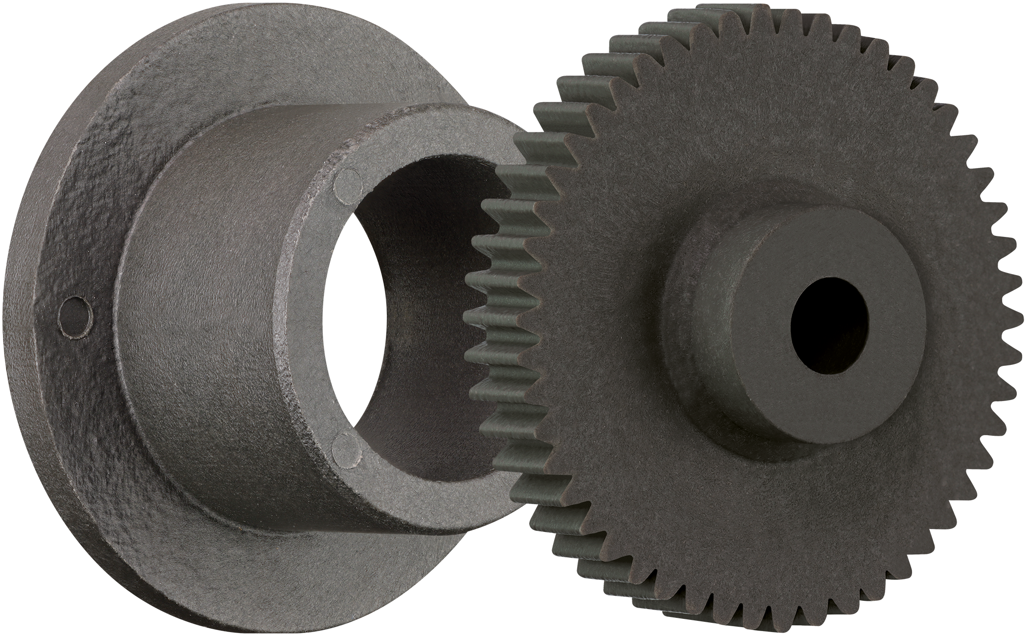 Injection moulded plain bearing with flange and injection moulded gear from 3D printed tool moulds